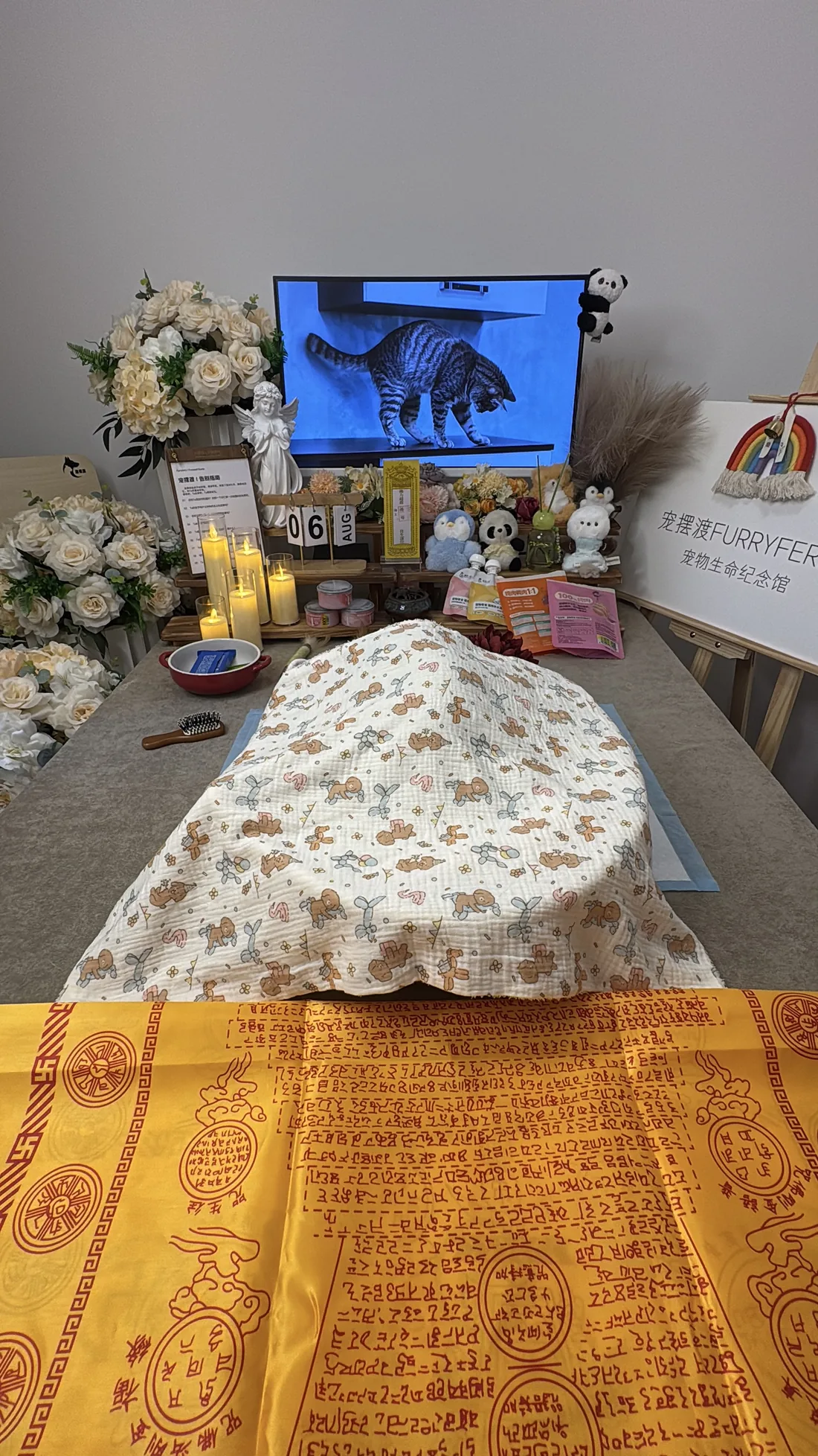 台州宠物告别仪式中的鲜花与纪念照片